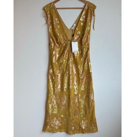 Rumored Paradise Midi Dress Shimmer Silk Blend Elegant Chic Medium Golden Hour - Picture 1 of 15